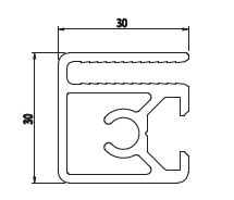 Aluminijasti profil 30x30 WG30 s tehničnimi dimenzijami, 30x30 mm.