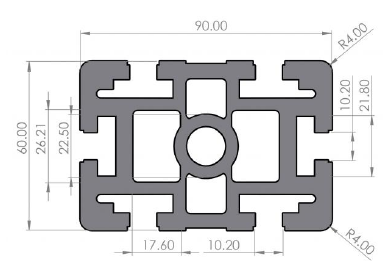 Prečni prerez aluminijastega profila 60x60 EXH V10 z merami