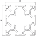 Diagram aluminijastega profila 60x60 V8 z dimenzijami