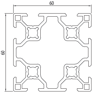 Diagram aluminijastega profila 60x60 V8 z dimenzijami